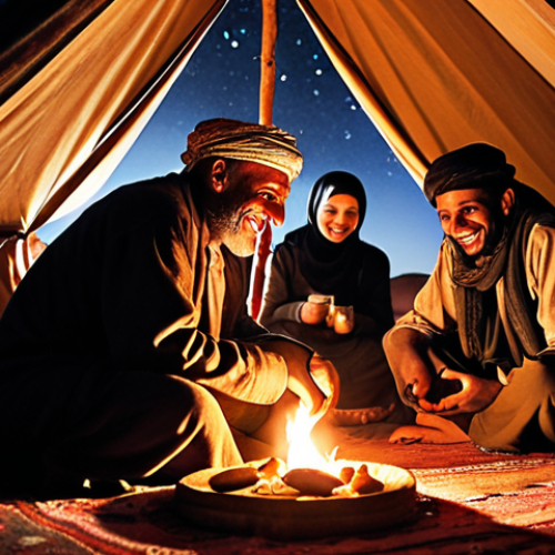 Home 7 The Bedouin Soul: A Living Heritage and Unparalleled Hospitality**
A warm, inviting scene inside a traditional Bedouin tent in the Wadi Rum desert at night. An older Bedouin man with a kind smile pours steaming cardamom tea into small glasses, his face illuminated by the soft glow of a crackling campfire. Around him, a diverse group of Bedouins – including laughing children and adults – are gathered, sharing stories and enjoying the moment. The starry sky is visible through the tent opening, emphasizing the deep connection to nature. Traditional carpets, rich textures, and a genuine sense of warmth and generosity are key elements. Realistic photo, low light, high detail.
**
