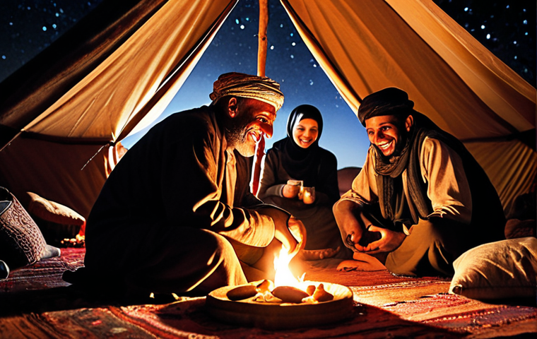 The Bedouin Soul: A Living Heritage and Unparalleled Hospitality**
A warm, inviting scene inside a traditional Bedouin tent in the Wadi Rum desert at night. An older Bedouin man with a kind smile pours steaming cardamom tea into small glasses, his face illuminated by the soft glow of a crackling campfire. Around him, a diverse group of Bedouins – including laughing children and adults – are gathered, sharing stories and enjoying the moment. The starry sky is visible through the tent opening, emphasizing the deep connection to nature. Traditional carpets, rich textures, and a genuine sense of warmth and generosity are key elements. Realistic photo, low light, high detail.

**