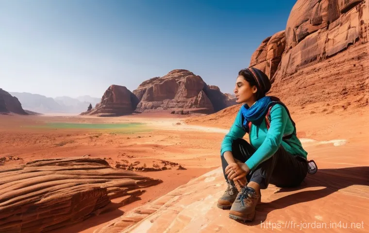 요르단 여행 중 비상상황 대처법 - **Prompt:** "A prepared female traveler in her late 20s, wearing modest but practical hiking attire ...