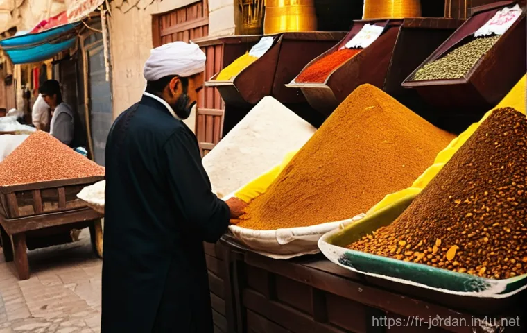 요르단 로컬 푸드 마켓 - **A Bustling Spice Market in Al-Balad, Amman.**
    "An intricate, eye-level shot of a vibrant spice...