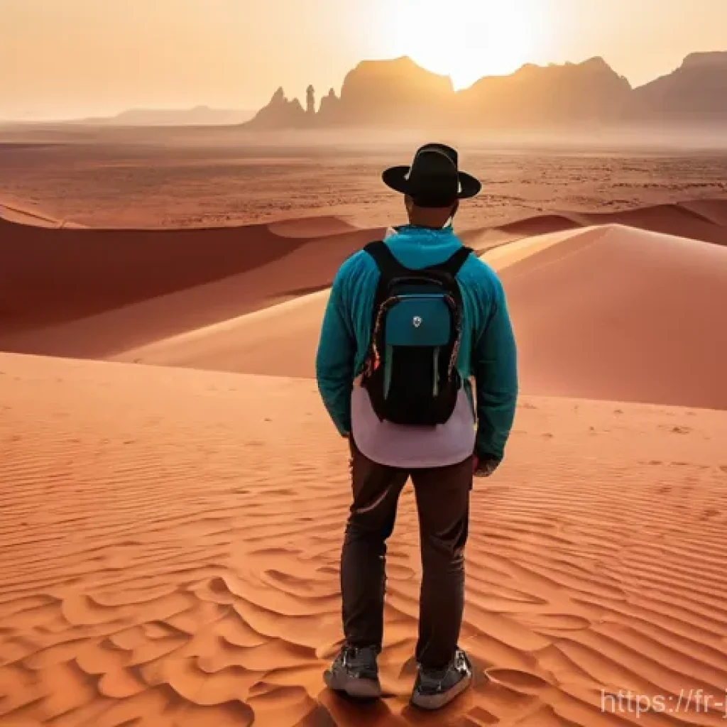 와디럼 사막 투어 - A solo traveler, seen from behind, standing amidst the vast red dunes of Wadi Rum, Jordan. They are ...