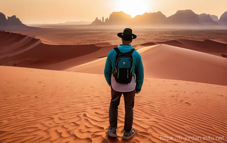 와디럼 사막 투어 - A solo traveler, seen from behind, standing amidst the vast red dunes of Wadi Rum, Jordan. They are ...