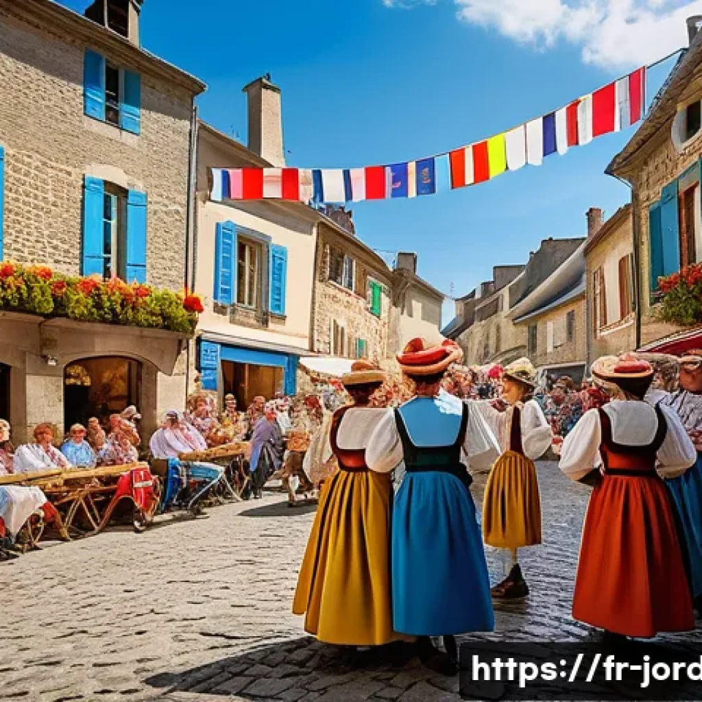 요르단 관광객의 리뷰 요약 - A vibrant street scene in a traditional French village during a local festival, featuring people dre...