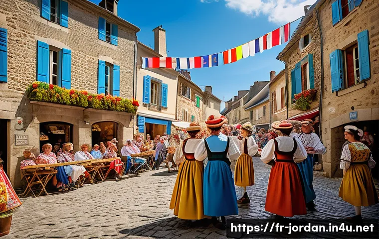 요르단 관광객의 리뷰 요약 - A vibrant street scene in a traditional French village during a local festival, featuring people dre...