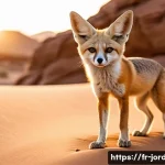 요르단에서 자주 볼 수 있는 동물들 - A detailed desert scene at dusk in Jordan featuring a fennec fox with thick fur under its paws walki...