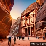 요르단 유네스코 문화유산 - A breathtaking view of Petra&rsquo;s ancient rose-colored rock-cut architecture at sunset, showing the nar...