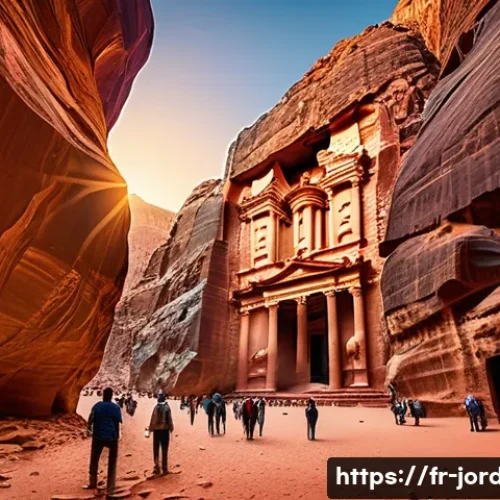 요르단 유네스코 문화유산 - A breathtaking view of Petra&rsquo;s ancient rose-colored rock-cut architecture at sunset, showing the nar...