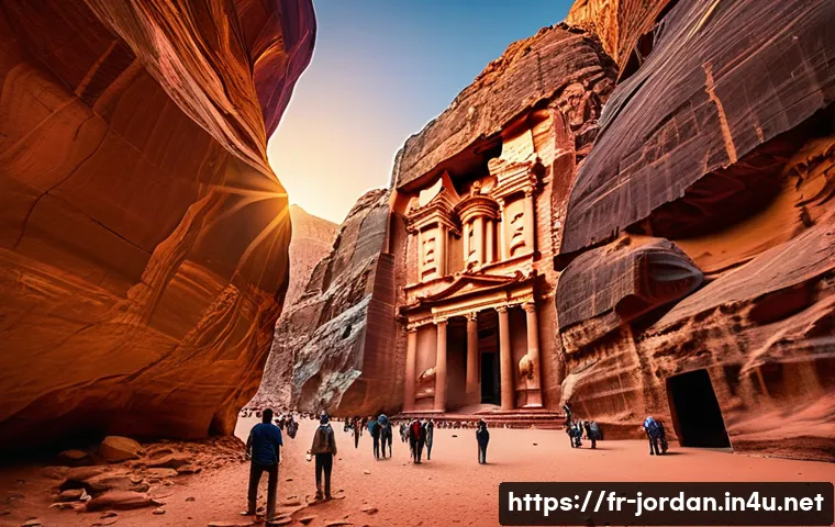 요르단 유네스코 문화유산 - A breathtaking view of Petra&rsquo;s ancient rose-colored rock-cut architecture at sunset, showing the nar...