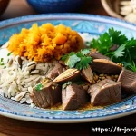요르단식 요리 레시피 - A vibrant Jordanian dining scene featuring a traditional mansaf platter: tender lamb cooked in ferme...