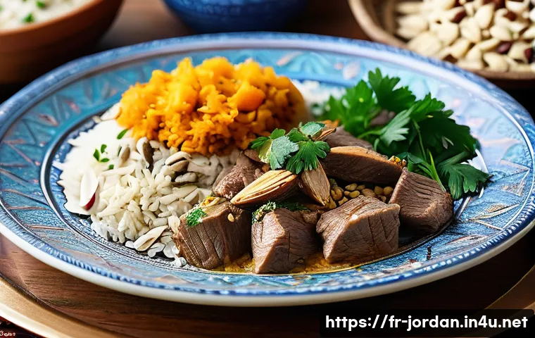 요르단식 요리 레시피 - A vibrant Jordanian dining scene featuring a traditional mansaf platter: tender lamb cooked in ferme...