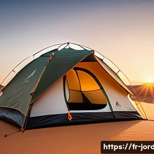요르단 사막 캠핑 방법 - A lightweight, reinforced 3-season desert camping tent pitched in a sheltered rocky area of the Jord...
