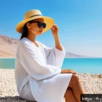 데드씨 여행 준비물 - A serene scene of a traveler at the Dead Sea during a sunny day, wearing lightweight cotton linen cl...