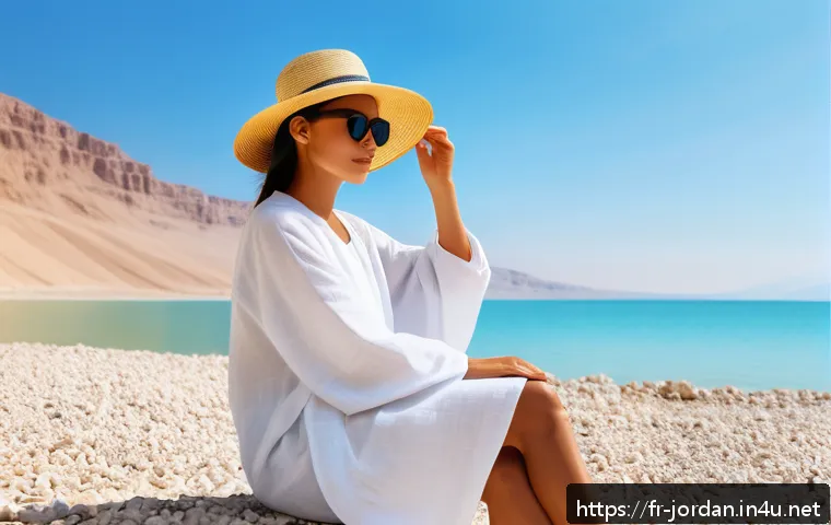 데드씨 여행 준비물 - A serene scene of a traveler at the Dead Sea during a sunny day, wearing lightweight cotton linen cl...