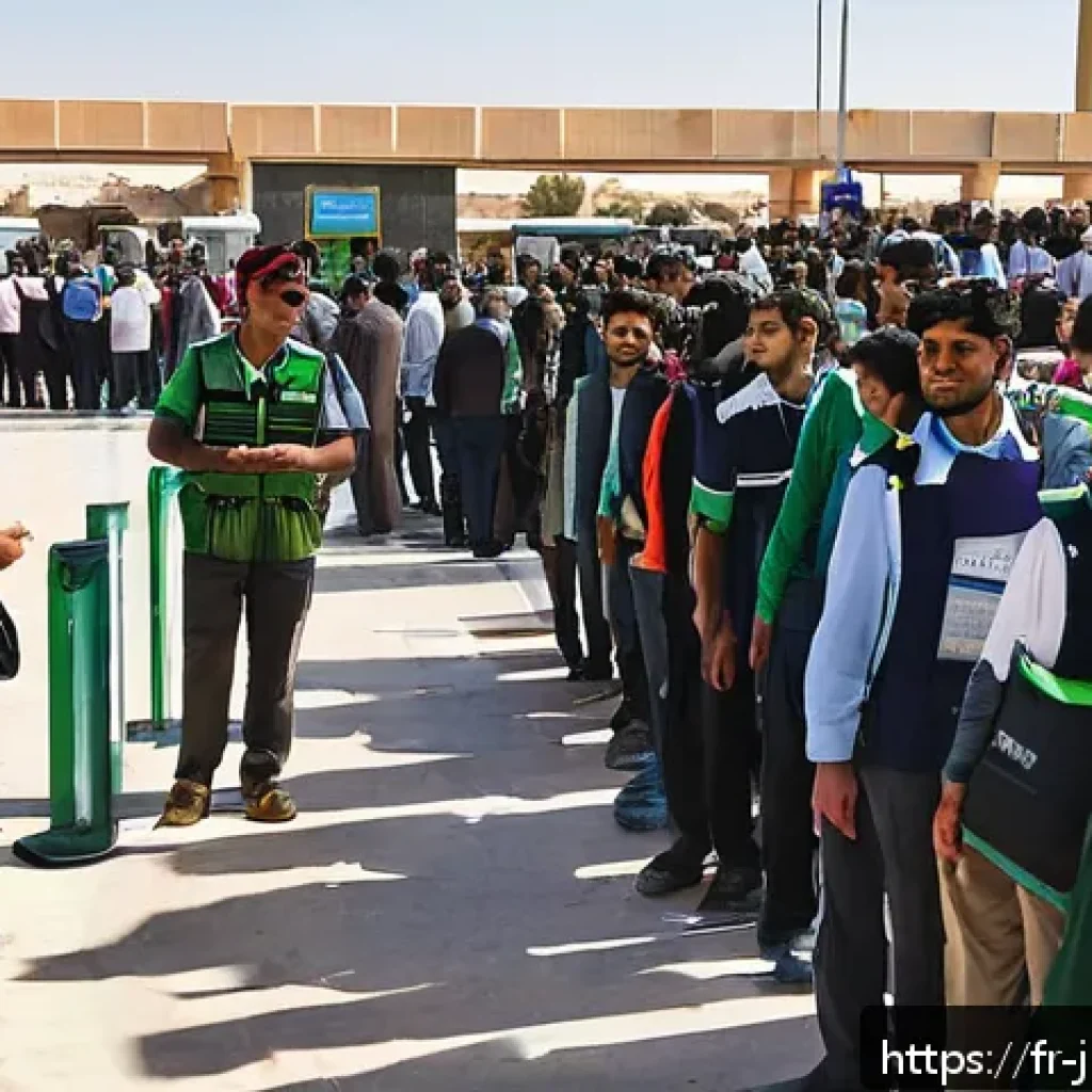 요르단 국경 통과 시 유의사항 - A detailed scene of a peaceful Jordanian border crossing early in the morning, showing a diverse gro...