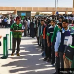 요르단 국경 통과 시 유의사항 - A detailed scene of a peaceful Jordanian border crossing early in the morning, showing a diverse gro...