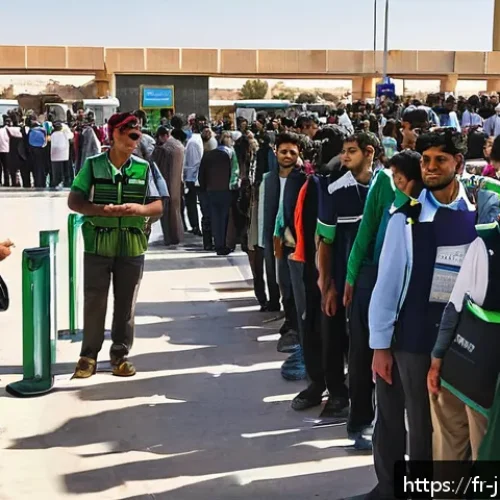 요르단 국경 통과 시 유의사항 - A detailed scene of a peaceful Jordanian border crossing early in the morning, showing a diverse gro...