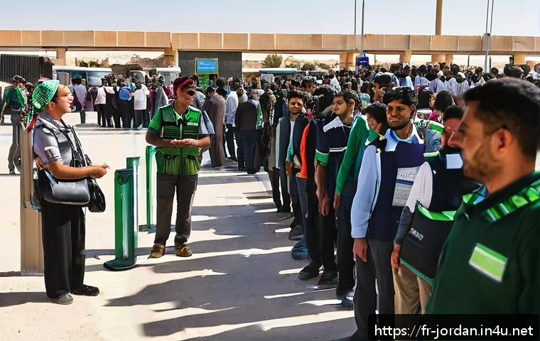 요르단 국경 통과 시 유의사항 - A detailed scene of a peaceful Jordanian border crossing early in the morning, showing a diverse gro...