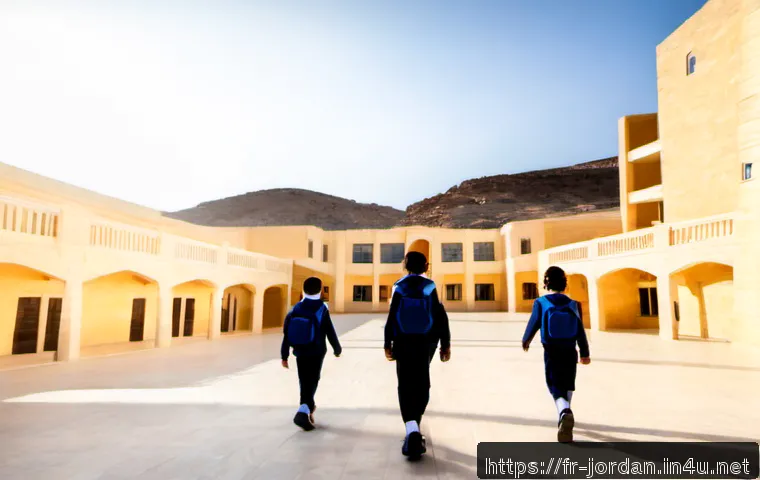 요르단의 국제학교 옵션 - Photorealistic bright international school campus in Amman, Jordan, welcoming French-speaking family...