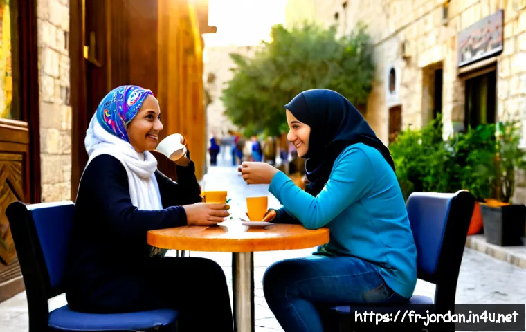 요르단에서의 무슬림과 비무슬림 상호작용 - Photorealistic street-side café in Amman, Jordan, a Muslim woman wearing a modest colorful headscarf...