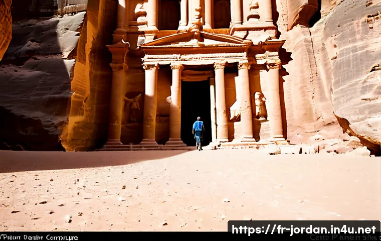 요르단 여름철 관광지 추천 - Photorealistic summer travel scene at Petra, Jordan, the Treasury façade glowing in warm early-morni...